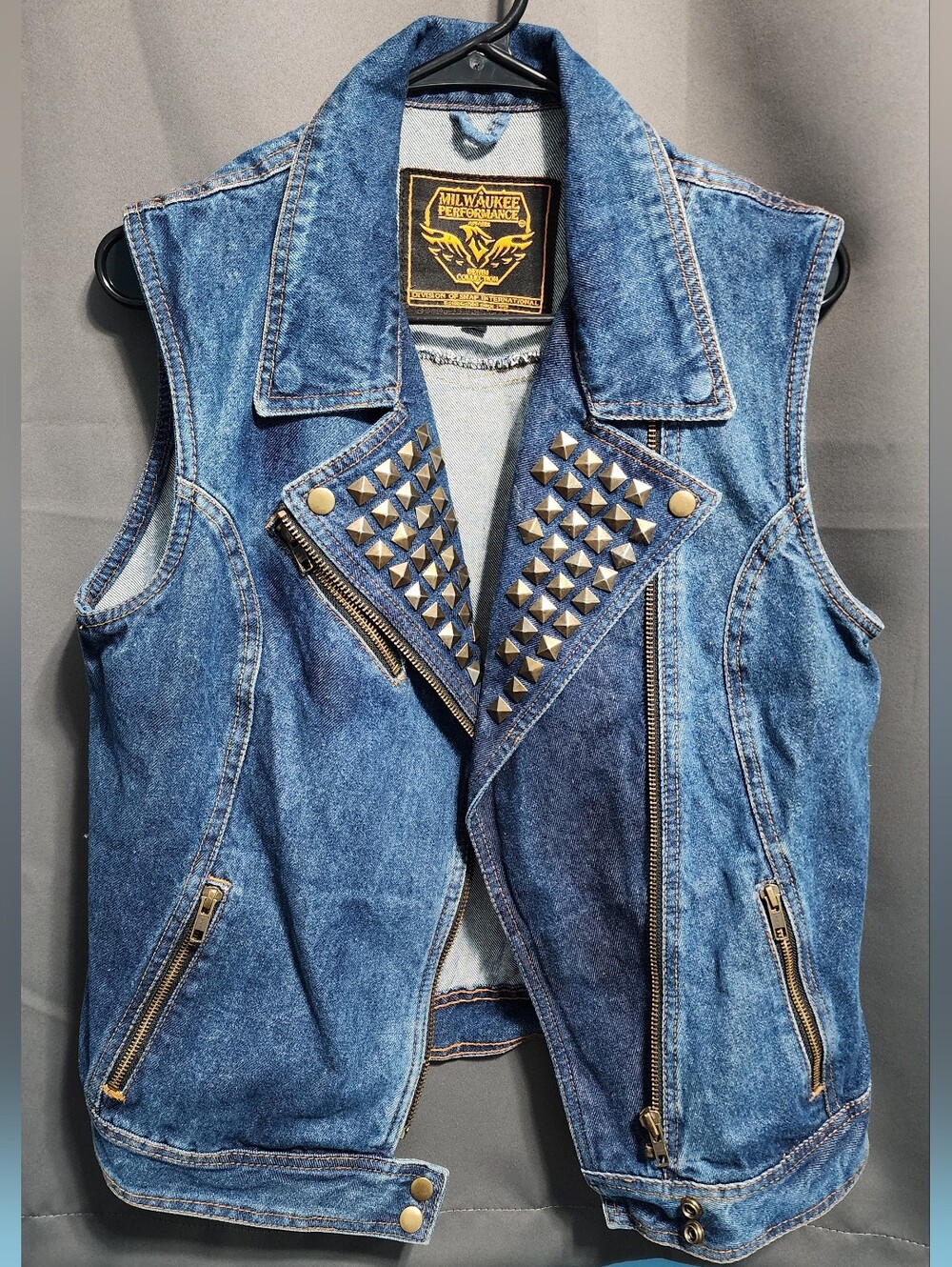 Milwaukee Performance Women Studded Blue Denim Moto Rider Vest Asymmetric Zip